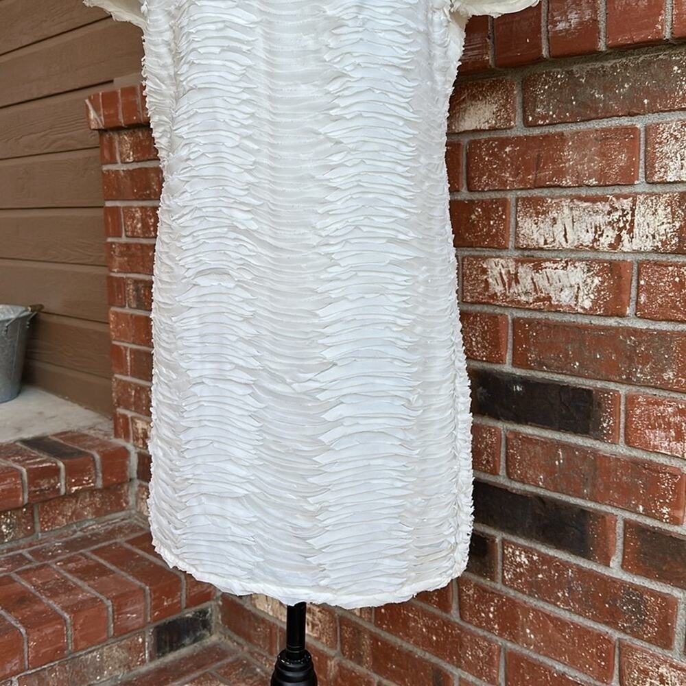 Ark & Co White Ruffle Shift Dress Raw Hem Mini Short Sleeve Bridal Size Small - Picture 3 of 8